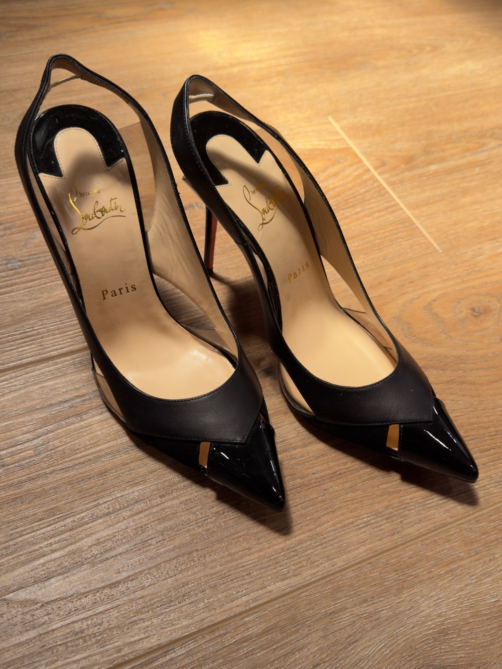 Christian Louboutin Black Pointed Slingback Pumps with Gold Accent